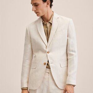 NWT Mango Linen Suit Blazer Cream with Brown Buttons